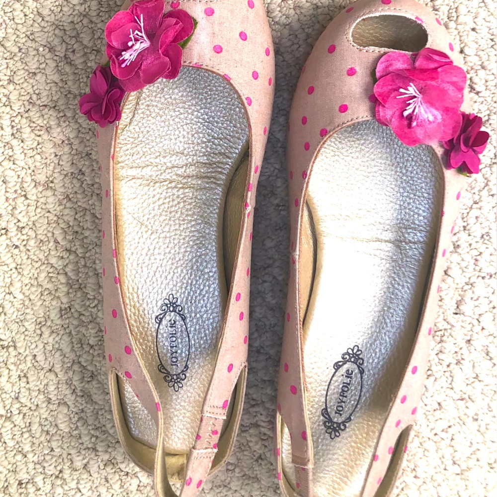Joyfolie Pink and Tan Ballet Flats with Floral Accents